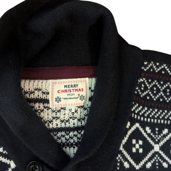 Navy Nordic print sweater Winter reindeer/ snowflake birdseye Apres Ski sz M - Picture 5 of 8